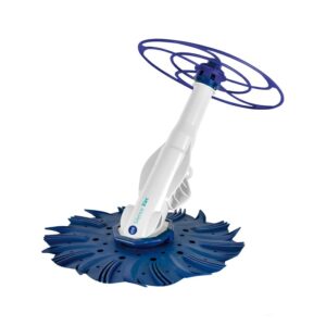 Pulitore automatico per piscina Gre bianco per pareti e fondo con testina blu e elementi ruota blu.