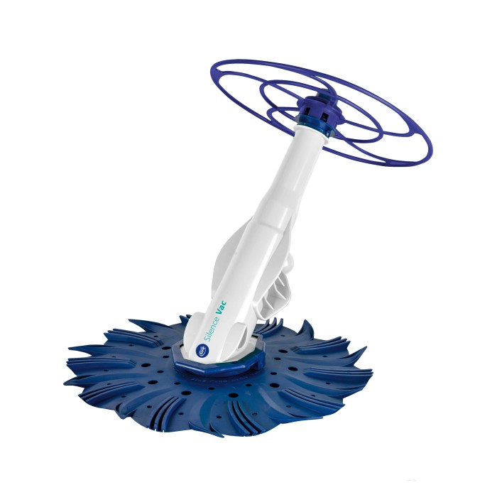 Pulitore automatico per piscina Gre bianco per pareti e fondo con testina blu e elementi ruota blu.