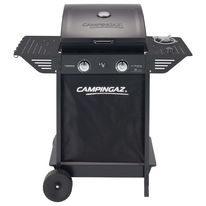 Barbecue a gas Campingaz con ripiani e carrello di trasporto.