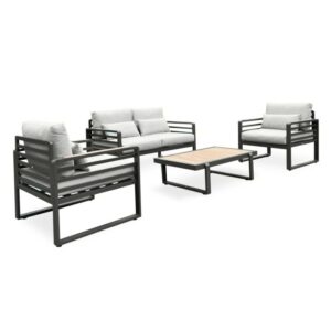 Set di mobili da giardino moderni con divano, poltrone e tavolo. Ideale per terrazza e giardino.