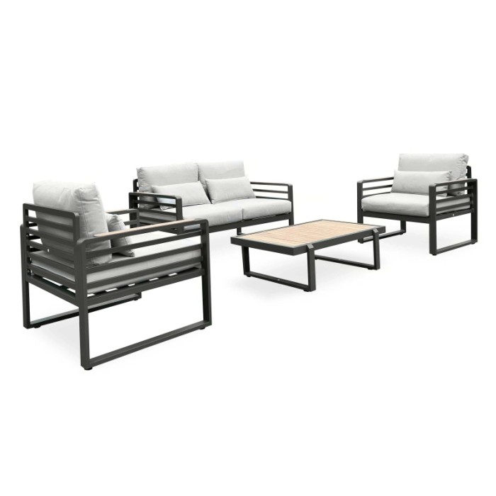Set di mobili da giardino moderni con divano, poltrone e tavolo. Ideale per terrazza e giardino.