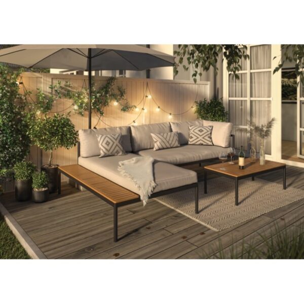 Set lounge Lankin a 3 pezzi in alluminio e polywood antracite-beige con tavolo, panche, cuscini e guanciali.