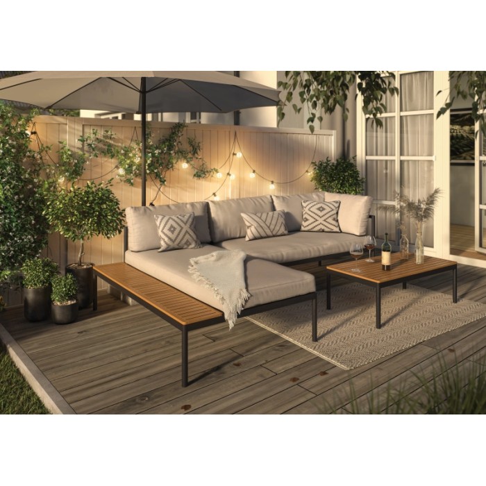 Set lounge Lankin a 3 pezzi in alluminio e polywood antracite-beige con tavolo, panche, cuscini e guanciali.