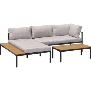 Set lounge Lankin 3 pezzi antracite-beige con tavolo e panche in alluminio e polywood.
