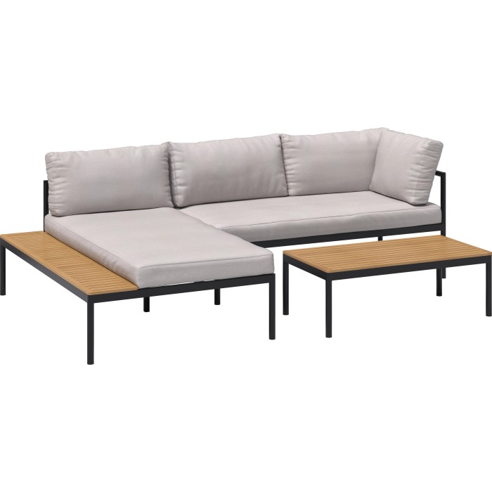 Set lounge Lankin 3 pezzi antracite-beige con tavolo e panche in alluminio e polywood.