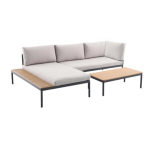 Set lounge Lankin 3 pezzi antracite-beige con tavolo e panche in alluminio e polywood.
