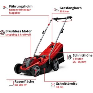 Tagliaerba a batteria Einhell Power X-Change GE-CM 18/33 Li con cesto di raccolta, batteria e caricabatterie. Ideale per piccoli giardini.