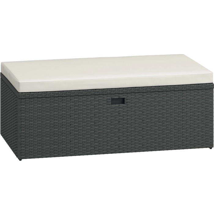 Panca da giardino / contenitore per cuscini in rattan grigio con cuscino beige. Ideale per terrazza e giardino.