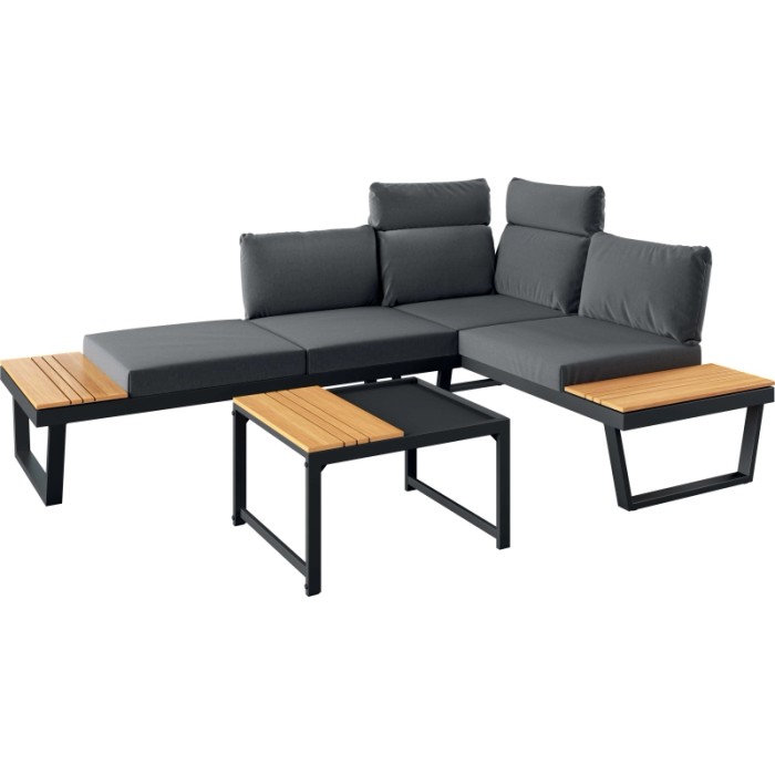 Set di mobili da giardino t.b.t. grigio con divano lounge e tavolini con piano in legno.