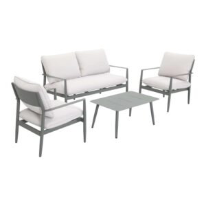 Set lounge Claremont 5 pezzi in grigio-verde con cuscini bianco crema.