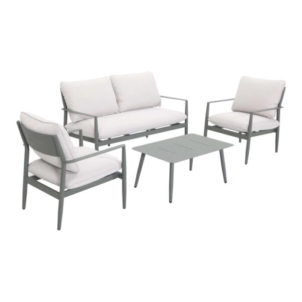 Set lounge Claremont 5 pezzi in grigio-verde con cuscini bianco crema.