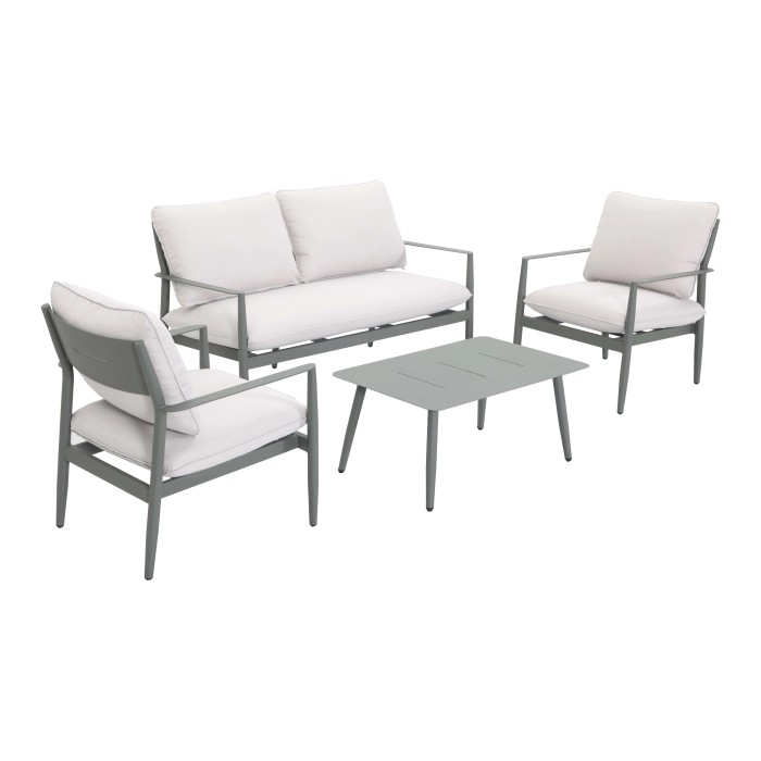 Set lounge Claremont 5 pezzi in grigio-verde con cuscini bianco crema.