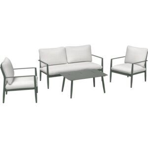 Set lounge Claremont 5 pezzi verde-grigio/bianco crema con divano, poltrone e tavolo.