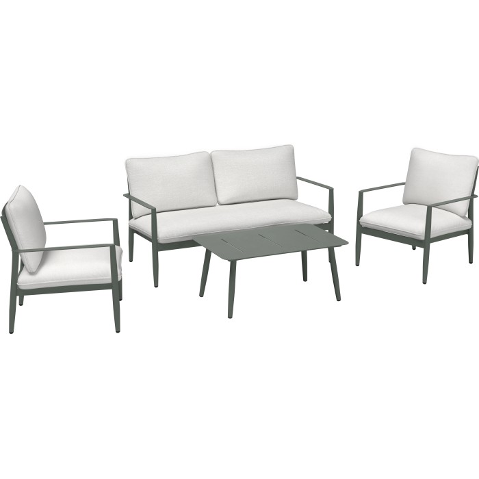 Set lounge Claremont 5 pezzi verde-grigio/bianco crema con divano, poltrone e tavolo.