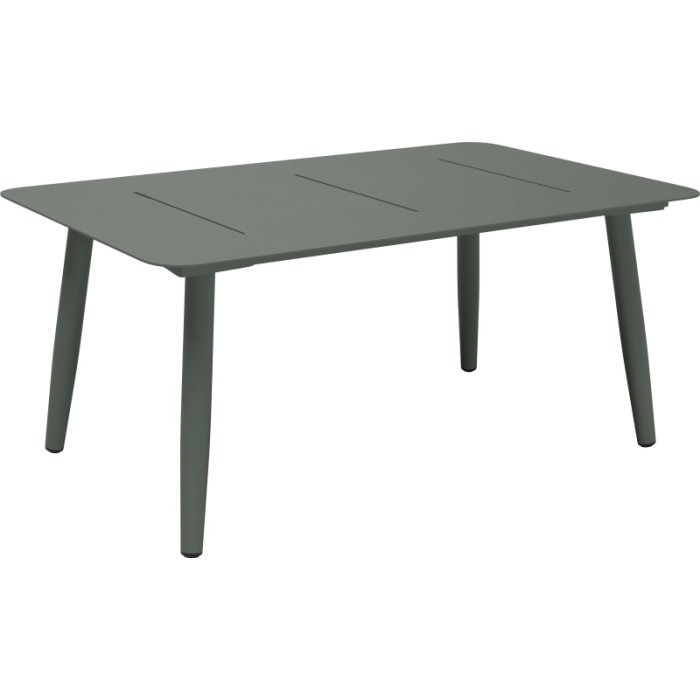 Tavolo grigio-verde del set lounge Claremont. Mobili da giardino con struttura in acciaio e strette scanalature sul piano.