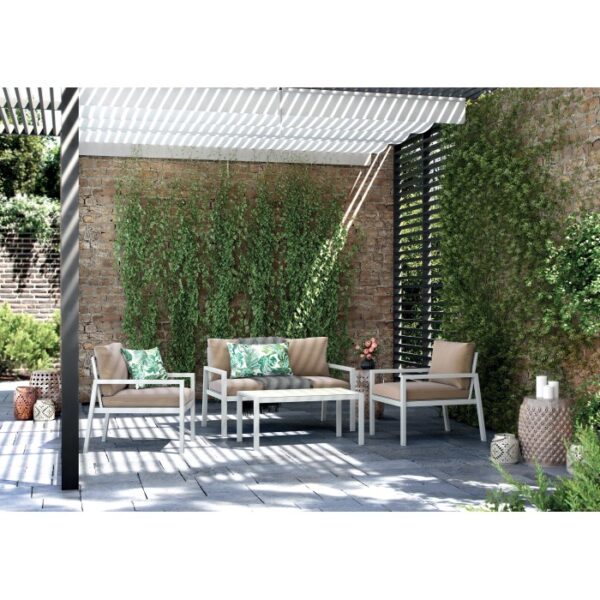 Set lounge divano Noralee 4 pezzi bianco con tavolo e cuscini marroni.