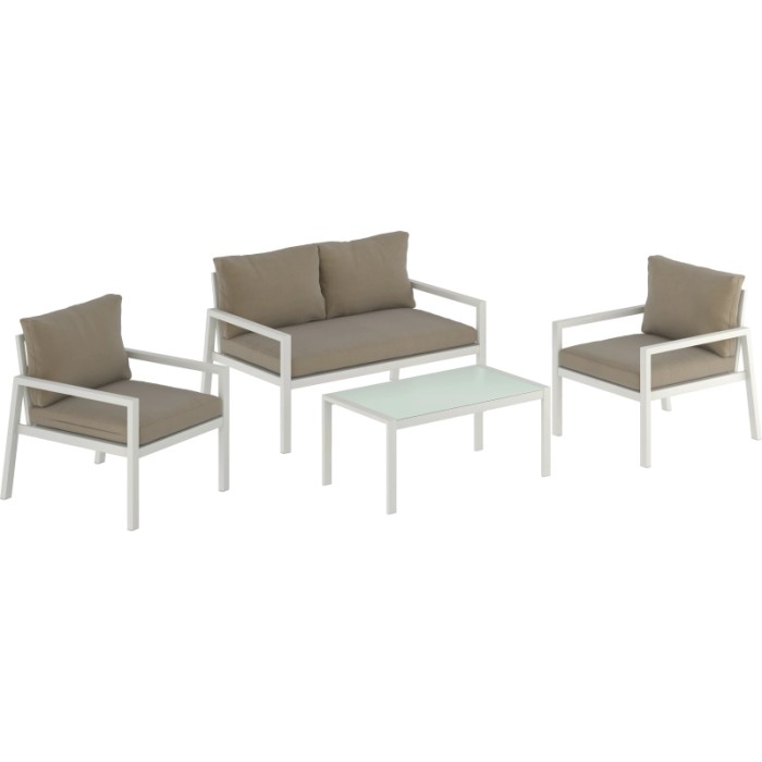 Set lounge divano Noralee 4 pezzi bianco con tavolo e cuscini marroni per il giardino.