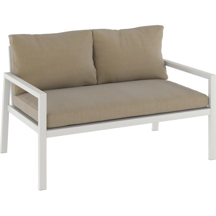 Set lounge divano Noralee, 2 posti, alluminio bianco con cuscini marroni. Arredo lounge da giardino per 4 persone.