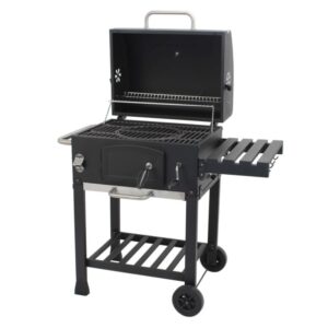 Barbecue a carbone Jamestown Jaxon nero con coperchio aperto e griglia modulare.
