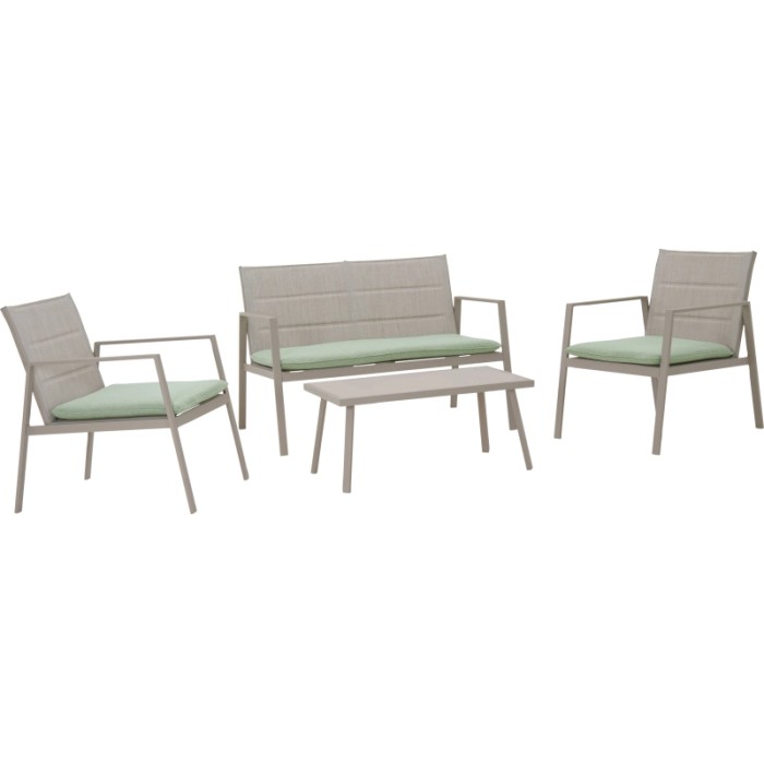 Set mobili da giardino Jamapa 4 pezzi: set lounge con divano, poltrone e tavolo, acciaio/tessuto grigio chiaro-verde.
