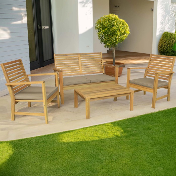 Set di mobili da giardino t.b.t. in legno con divanetto, poltrone e tavolo per patio o giardino.