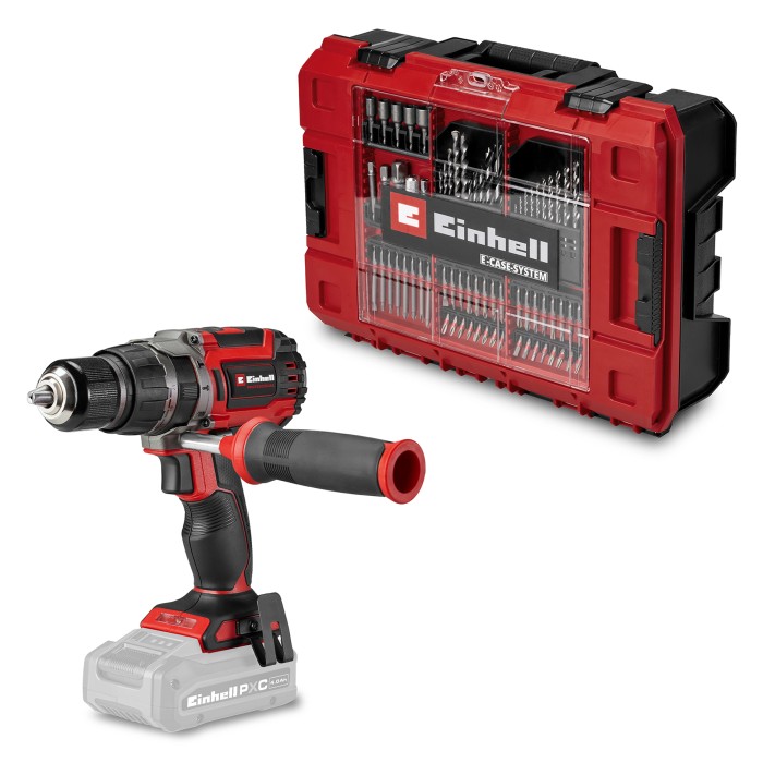 Trapano avvitatore a impulsi a batteria Einhell TP-CD 18/70 Li-i BL con E-Case e set di accessori.