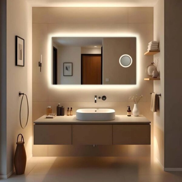 Specchio da parete t.b.t. illuminato in bagno moderno.
