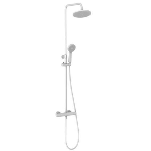 Colonna doccia bianca t.b.t. con soffione e doccetta per un'esperienza rilassante in bagno.