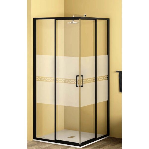 Box doccia angolare con telaio nero e pannello in vetro decorativo.