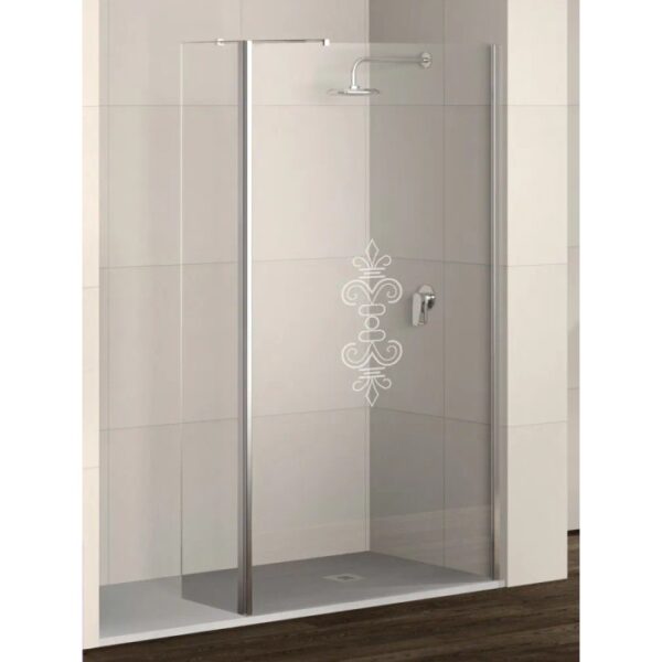 Box doccia walk-in t.b.t. con decoro, vetro e telaio cromato.