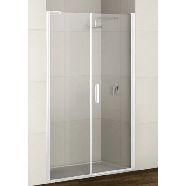 Porta doccia t.b.t. con telaio e maniglia bianchi in ambiente bagno.