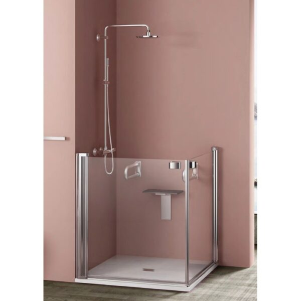 Box doccia aperta senza barriere con sedile e maniglione. Ideale per bagni accessibili.
