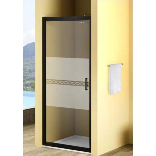 Porta doccia t.b.t. nera con vetro satinato e motivo per bagni moderni.