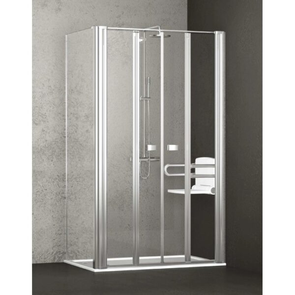 Box doccia t.b.t. con maniglione e sedile, ideale per bagno accessibile.