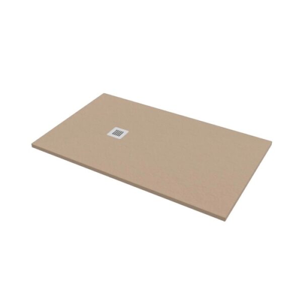 Piatto doccia rettangolare beige con scarico quadrato.