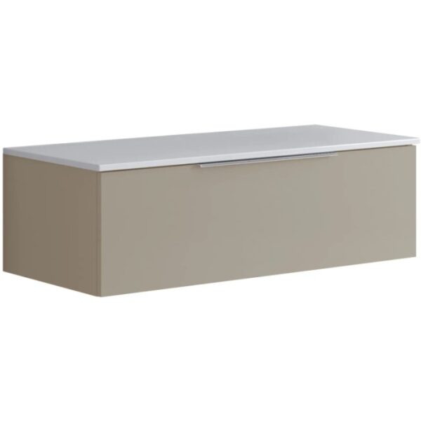 t.b.t. Mobile bagno color tortora con piano bianco.