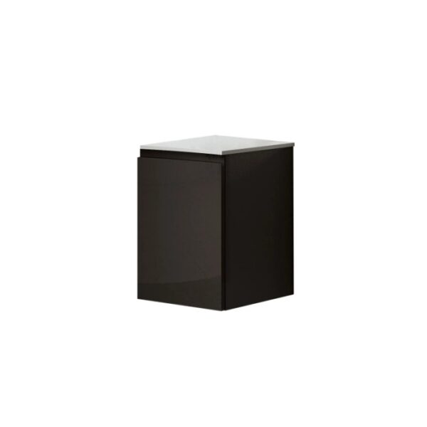 Mobile bagno sospeso marrone scuro con piano bianco.