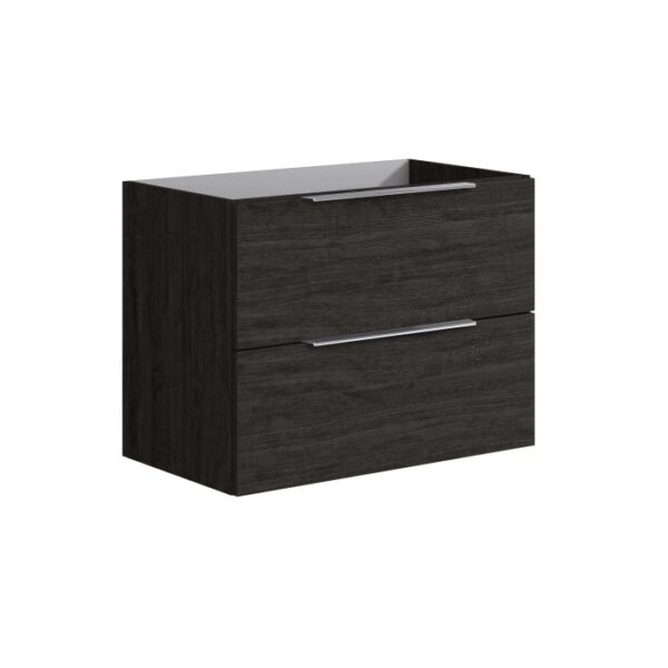 Mobile bagno t.b.t. in legno scuro con due cassetti e maniglie argentate.