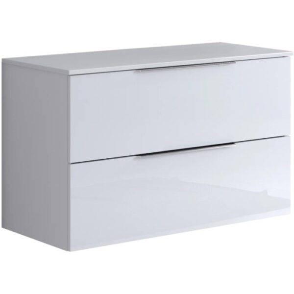 Mobile bagno sospeso bianco con due cassetti e maniglie in metallo.