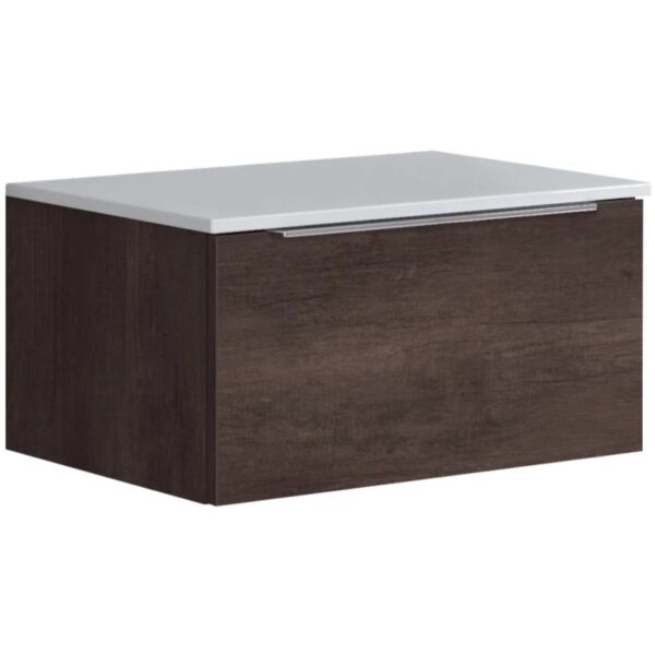 t.b.t. Mobile bagno con finitura legno scuro e piano bianco.
