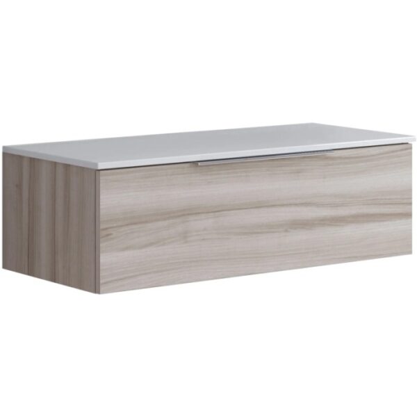 Mobile bagno sospeso effetto legno con top bianco.