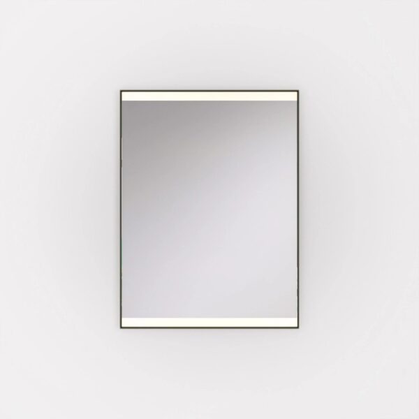 Specchio da parete rettangolare con illuminazione a LED superiore e inferiore.