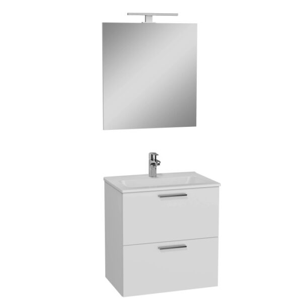 Mobile bagno bianco con specchio e lampada, categoria arredo bagno.