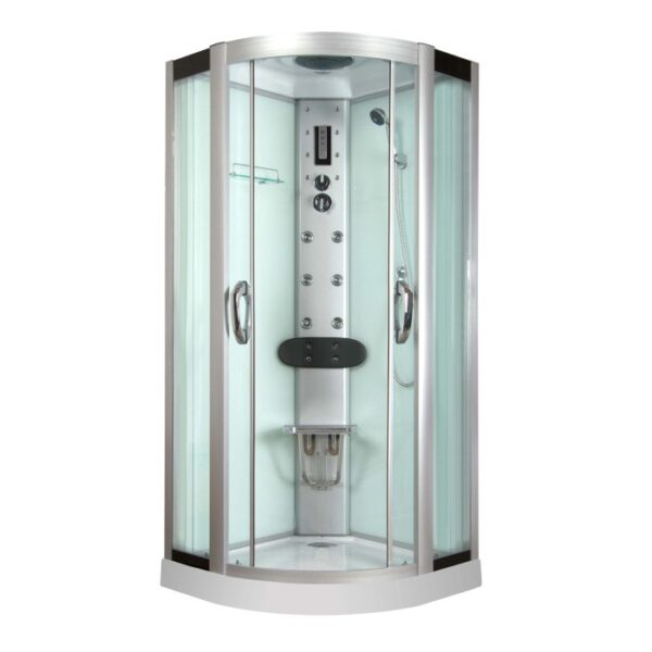 Box doccia t.b.t. con pannello multifunzione e porte in vetro.