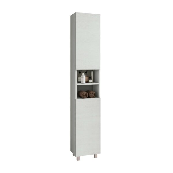 Mobile bagno colonna bianco con vano a giorno per asciugamani e accessori.