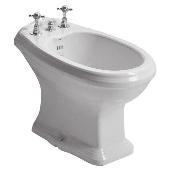 Bidet t.b.t. bianco con rubinetteria, vista frontale.