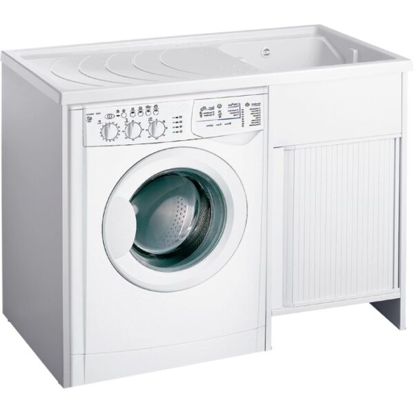Mobile lavatrice Lavatoi bianco con lavabo e anta a serrandina.