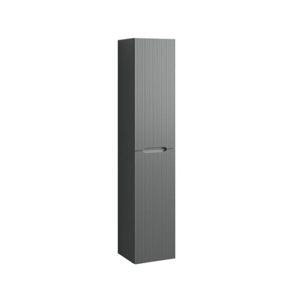 Mobile bagno alto grigio con superficie a coste. Arredo bagno per stoccaggio.