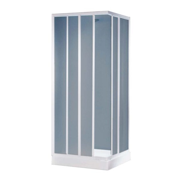 Box doccia angolare t.b.t. con vetro grigio e telaio bianco.