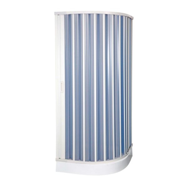 Box doccia t.b.t. con strisce blu e bianche e telaio bianco.